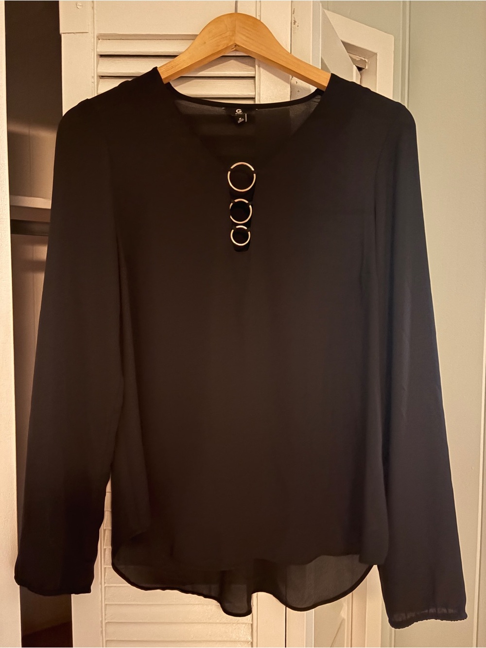 G by Guess Black Long-Sleeve Blouse with Gold Ring Detail